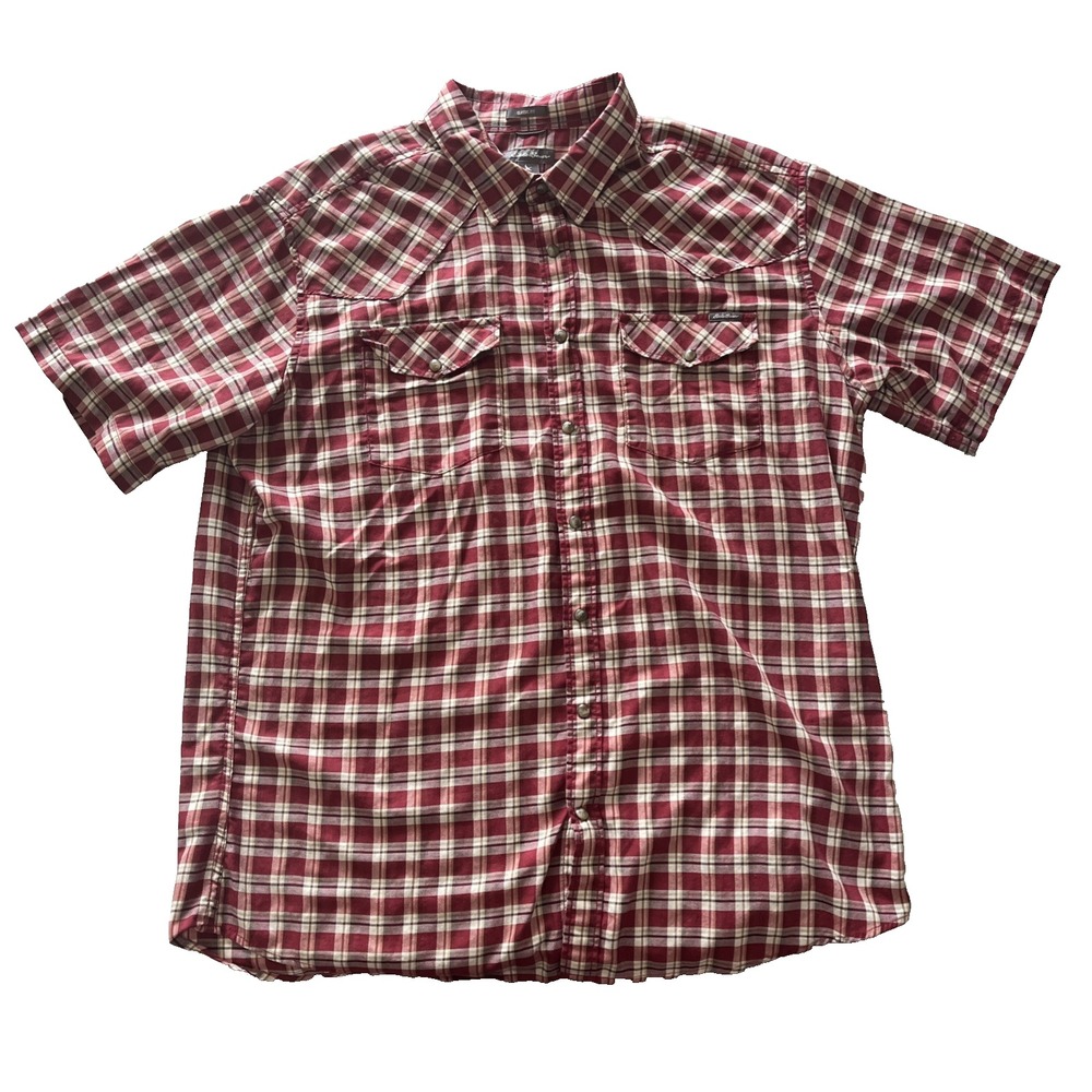 Eddie Bauer Men's Size XLT Pearl Snap Red Plaid Short Sleeve Button Up Western‎